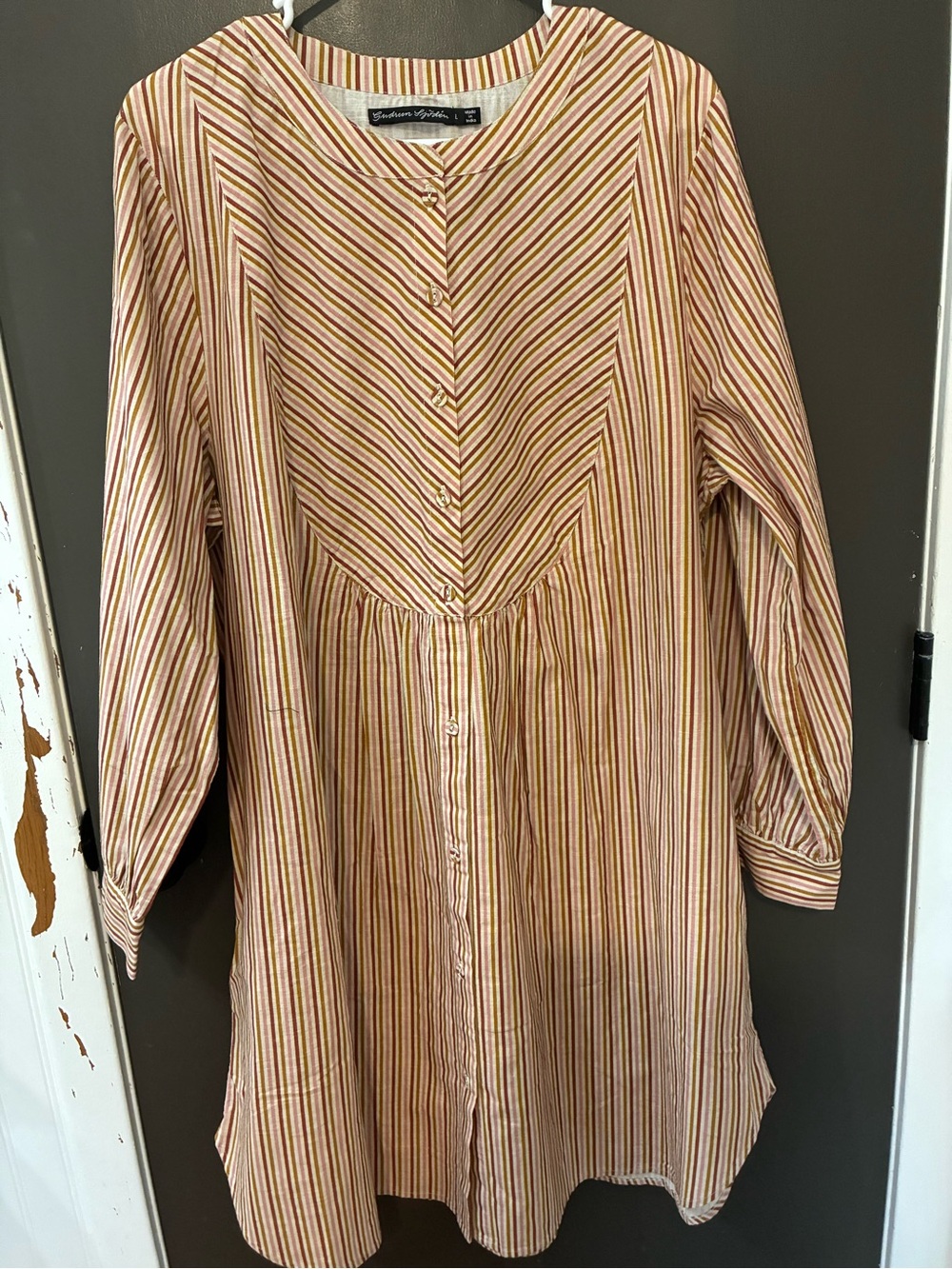 GUDRUN SJODEN striped mini dress in cream, pink and ocher tan. Warm colors!